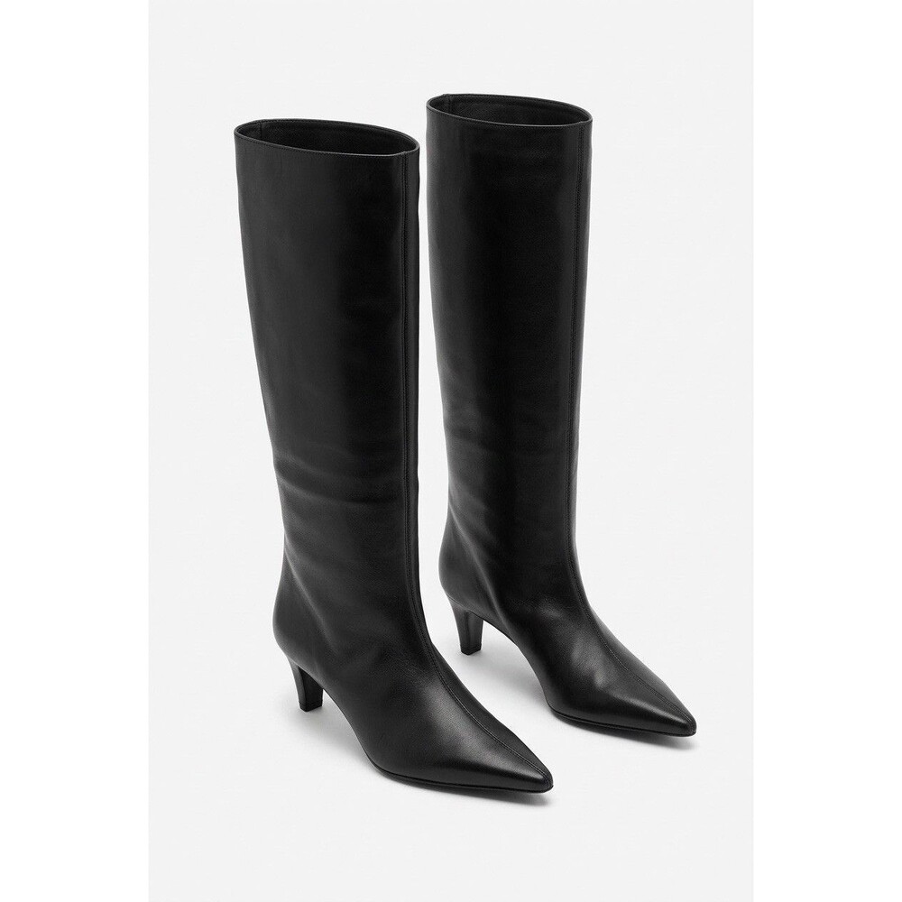 ZARA Black Leather Pointed Toe Kitten Heel Knee High Boots NWT Size 7.5 EUR 38